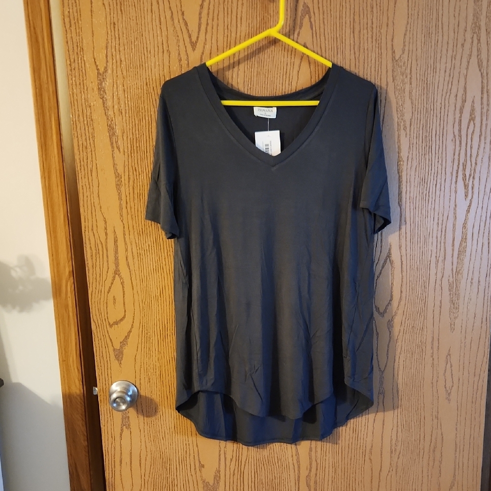 Zenana Outfitters Gray And Orange Bundle Of 2, Asymmetrical Short Sleeve Tees